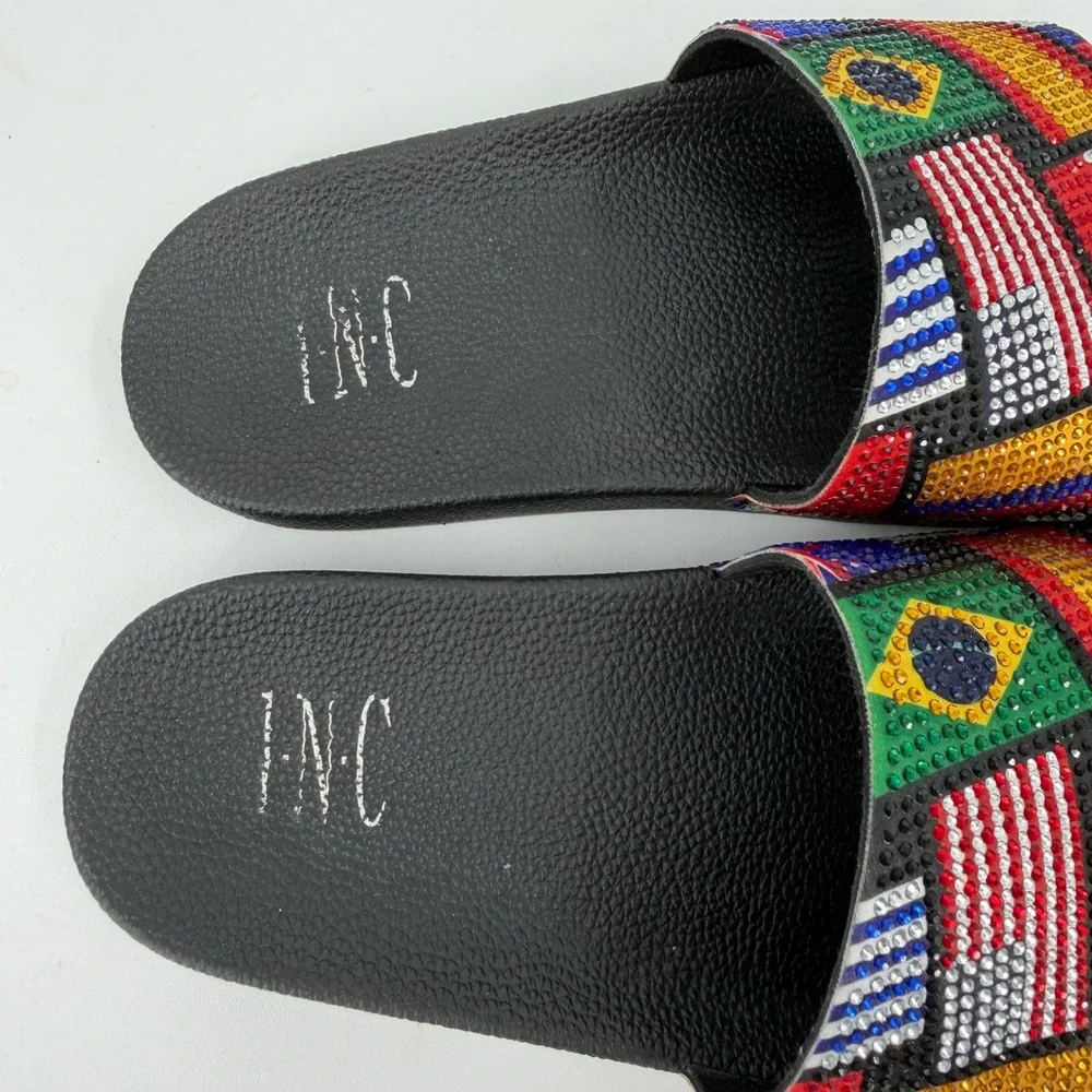INC International Concepts World Flag Rhinestone Slide Sandals Black Womens 7
